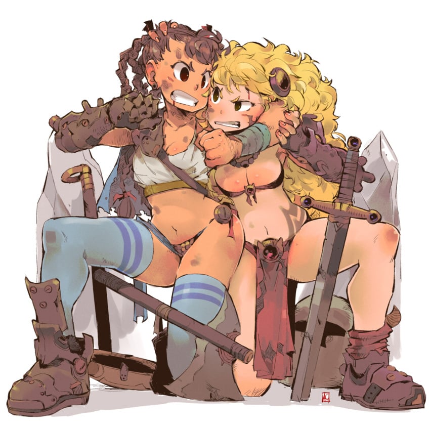 2girls andrea_cofrancesco_art andrewcockroach ankle_boots armor axe barbarian bikini_armor boots breasts brown_eyes brown_hair bruise bruise_on_face catfight cleavage clenched_hand dark-skinned_female dark_skin dreadlocks fantasy fighting full_body gauntlets head_grab headlock highres incoming_attack incoming_punch injury long_hair multiple_girls navel on_one_knee original pelvic_curtain planted planted_axe punching small_breasts tattoo teeth thighhighs very_dark_skin weapon