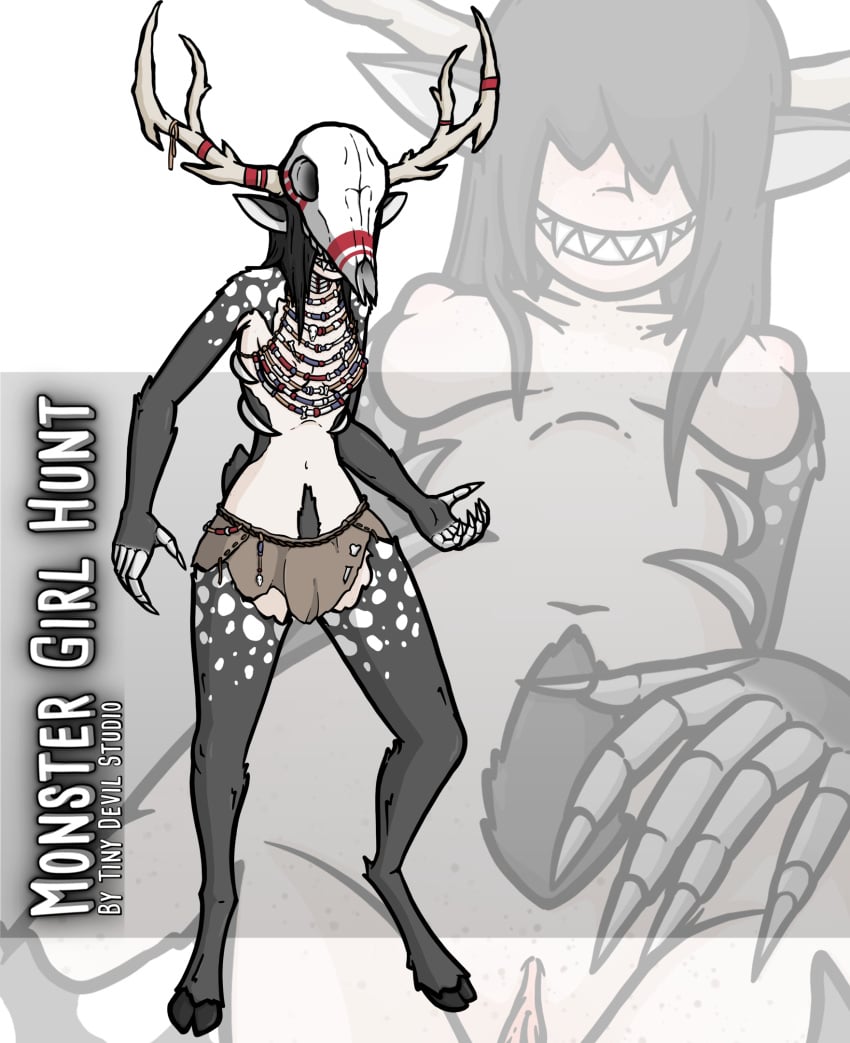 black_hair clothing covered_eyes deer_girl fangs fur hidden_eyes monster_girl monster_girl_(genre) nude pale_skin pubic_hair pussy_peek sharp_fingernails sharp_teeth skull tribal wendigo