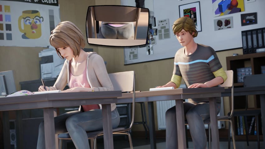 1boy 1girls 3d ass brown_hair classroom clothed_female female koomer life_is_strange male max_caulfield panties school teen teenager voyeur voyeurism warren_graham watching