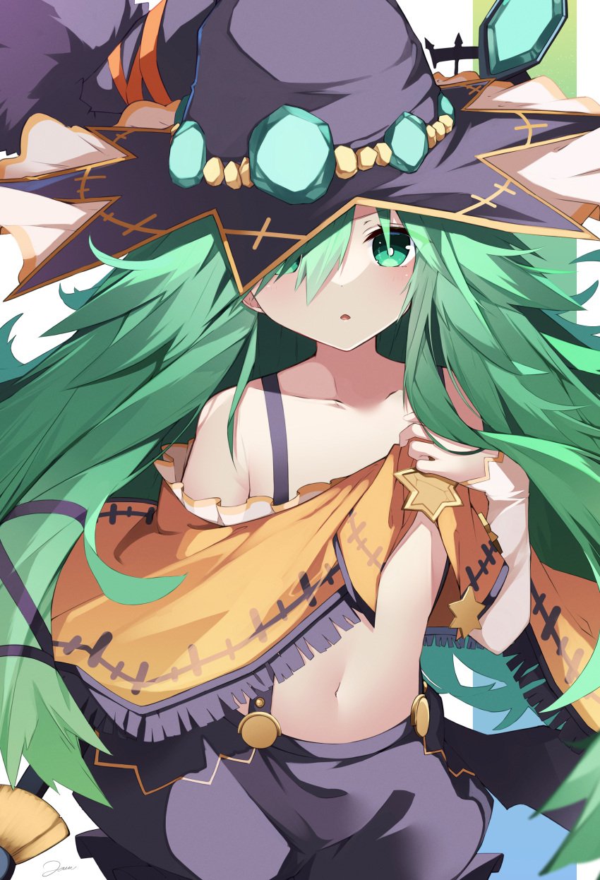 2d 2d_(artwork) date_a_live green_eyes green_hair jam(pixiv) kyouno_natsumi light-skinned_female long_hair looking_at_viewer no_bra small_breasts solo solo_female witch witch_costume witch_hat