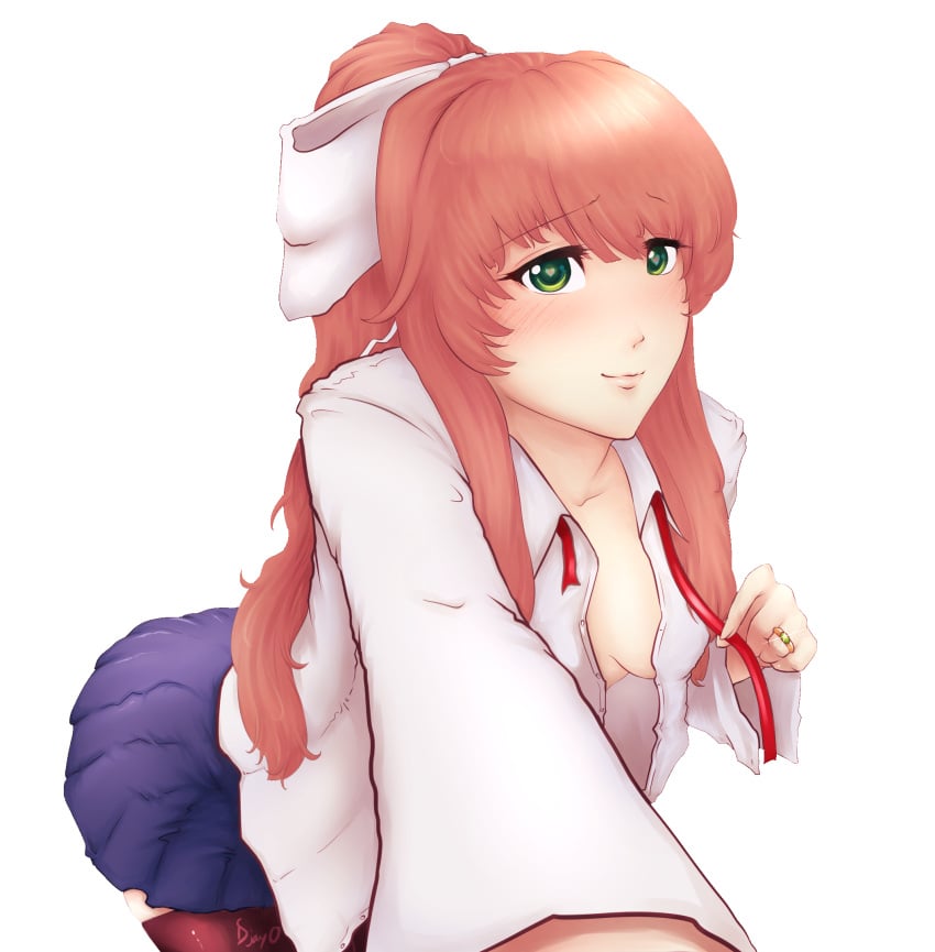 1female 1girls blue_skirt blush blushing boobs braless breasts commission commission_art djayo doki_doki_literature_club female_focus green_eyes heart-shaped_pupils inner_sideboob long_hair monika_(doki_doki_literature_club) no_bra ring skirt transparent_background