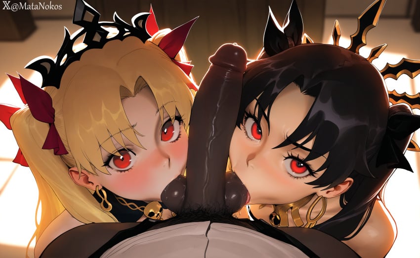 1boy 2girls ai_generated assertive_female backlighting ball_sucking bare_shoulders black_hair black_ribbon blonde_hair blurry blurry_background blush collaborative_fellatio cooperative_fellatio crown dark-skinned_male dark_skin double_ball_sucking earrings erection ereshkigal_(fate) fate/grand_order fate_(series) fellatio female ffm_threesome from_above furrowed_brow gold group_sex hair_ribbon hoop_earrings indoors interracial ishtar_(fate/grand_order) jewelry large_penis licking licking_penis long_hair looking_at_viewer male male_pubic_hair multiple_females multiple_girls oral parted_bangs penis penis_on_face penis_out pov pov_crotch pubic_hair red_eyes red_ribbon ribbon saliva siblings sisters straight teamwork testicle_sucking testicles threesome tiara tongue tongue_out two_side_up uncensored veins veiny_penis