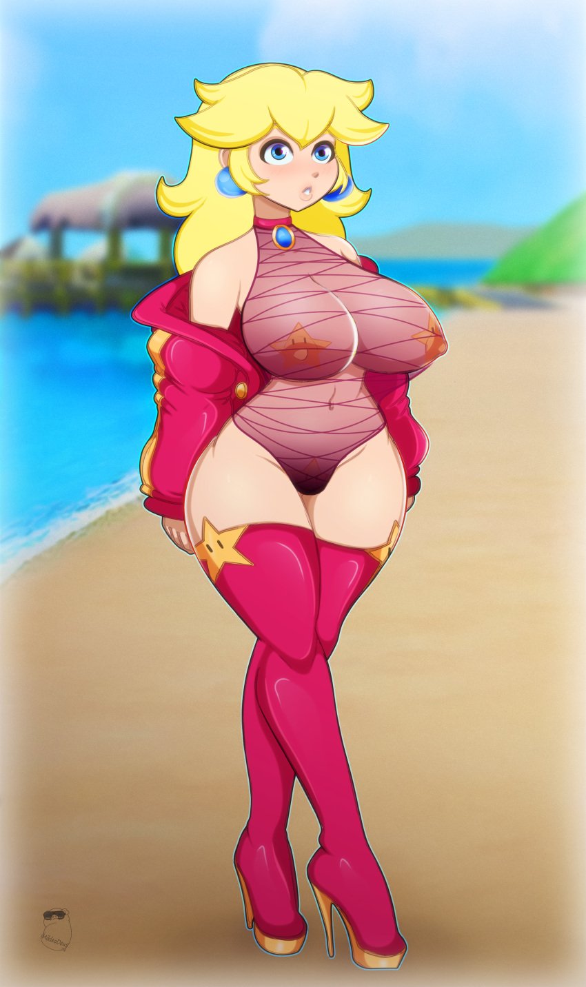 beach blonde_female blonde_hair blue_eyes boots clothed color colored edited female high_heel_boots high_resolution huge_ass large_breasts latex_boots mario_(series) mikleodeus nintendo nipple_pasties nsfw only_female princess_peach super_mario_bros. thicc thick_thighs thighs