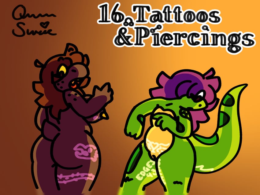 absurd_res anthro areola_tattoo ass belly_tattoo big_breasts breasts brown_hair butt_tattoo deltarune dinosaur duo featureless_chest female flat_chested freckled_face freckled_hips freckles gasp green_body green_spots hair hi_res kinktober kinktober_2024 leg_tattoo lizard long_hair long_tail looking_at_butt looking_at_own_butt messy_hair nipple_piercing nipple_tattoo nipples nude piercing pink_tattoo prehistoric_species pubic_tattoo purple_body purple_hair queen_susie reptile scalie signature slightly_chubby spots surprised_expression susie_(deltarune) tail tail_tattoo tattoo text thick_thighs thigh_tattoo trixie_(queen_susie) undertale_(series) white_tattoo yellow_eyes yellow_sclera yellow_underbelly