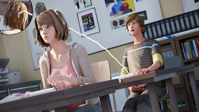 1boy 1girls 3d ass brown_hair classroom clothed_female cum cum_in_hair cumshot female koomer life_is_strange male masturbating masturbation max_caulfield panties public school small_penis teen teenager voyeur voyeurism warren_graham watching