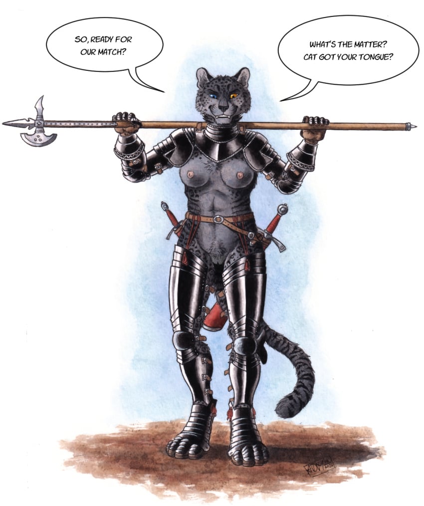 0laffson 2024 5_fingers anthro areola armor belt belt_buckle biped black_armor blue_eyes boots breasts buckle chest_tuft clothing couter crotch_tuft cuisse dagger dated dialogue digitigrade english_text fangs felid female fingers footwear front_view fur fur_markings gauntlets genitals gloves gorget grey_body grey_fur halberd handwear heterochromia hi_res holding_halberd holding_melee_weapon holding_object holding_polearm holding_weapon leopard_spots looking_at_viewer looking_down looking_down_at_viewer mammal markings melee_weapon nipples orange_eyes pantherine pauldron polearm poleyn pussy rerebrace river_(xanderh) sabatons scabbard shadow shoes signature smile solo speech_bubble spots spotted_body spotted_face standing straps striped_body striped_markings striped_tail stripes sword tail tail_markings tassets teeth text tuft vambrace watercolor_(artwork) weapon