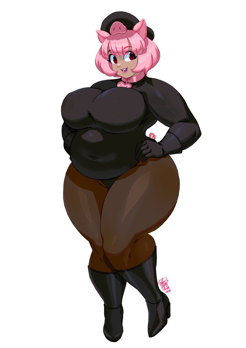 1girls 2024 belly big_breasts big_thighs chubby chubby_female female female_only headwear heel_boots looking_at_viewer overweight pantyhose pig_ears pig_girl pink_hair smiling smiling_at_viewer solo thick_thighs tovio_rogers very_high_resolution white_background