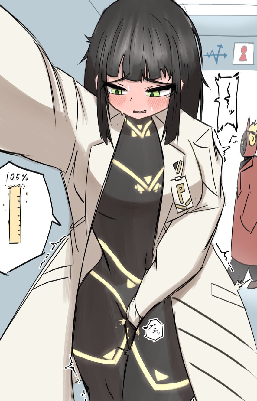 1girls black_hair blush bodysuit cesara_(limbus_company) female green_eyes hand_between_legs have_to_pee labcoat limbus_company project_moon tagme tagme_(artist) urine_meter