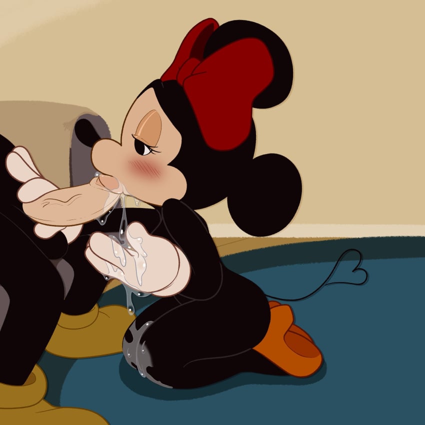 2024 ass black_eyes black_fur black_hair blush bow bow_in_hair cum cum_in_mouth cum_on_legs disney fellatio female female_focus four-pundo furry gloves male mickey_mouse minnie_mouse mouse penis thighs