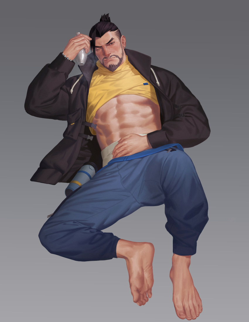 1boy abs alcohol bara barefoot black_hair blizzard_entertainment blush casual_hanzo drunk facial_hair feet full_body hanzo jay_risto looking_at_viewer lying male male_focus male_only muscle overwatch piercing shirt_lift solo steam toes wince yaoi