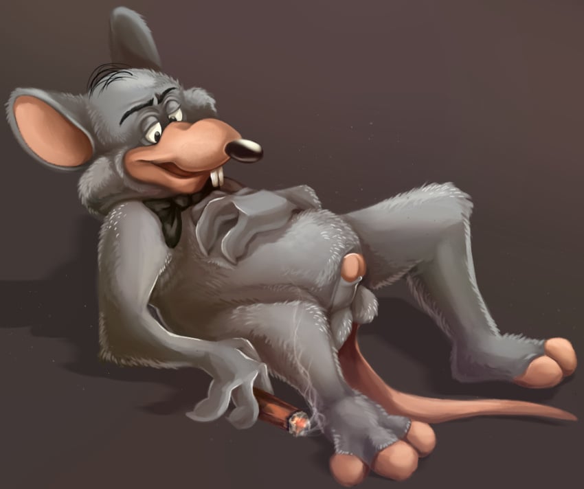 anonymous_artist anthro balls bodily_fluids chuck_e_cheese chuck_e_cheese_(franchise) digital_media_(artwork) erection fur genitals grey_body hi_res male mammal mascot murid murine nude penis rat rodent simple_background smile solo tail teeth