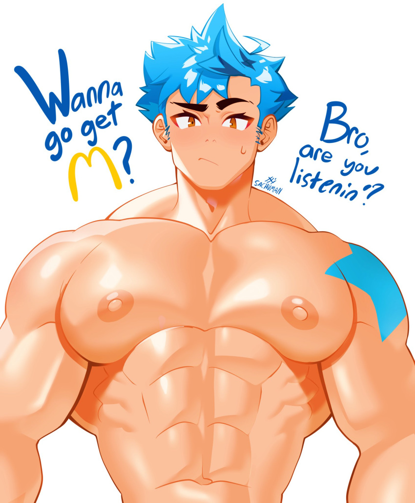1boy abs artist_name bara blue_hair denbe_(sachuman) english english_text male male_focus male_only mcdonald's muscular muscular_male pecs pectorals sachuman shirtless solo solo_male topless topless_male
