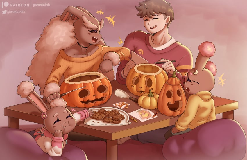 2boys 2girls anthro blush brown_hair buneary cookie ethan_(gammainks) female femboy gammainks generation_4_pokemon girly halloween halloween_pumpkin hi_res human jayden_(gammainks) light_skin lopunny male male/male male_lopunny nintendo pokemon pokemon_(species) pumpkin pumpkin_carving sfw sibling_(lore) siblings very_high_resolution wholesome