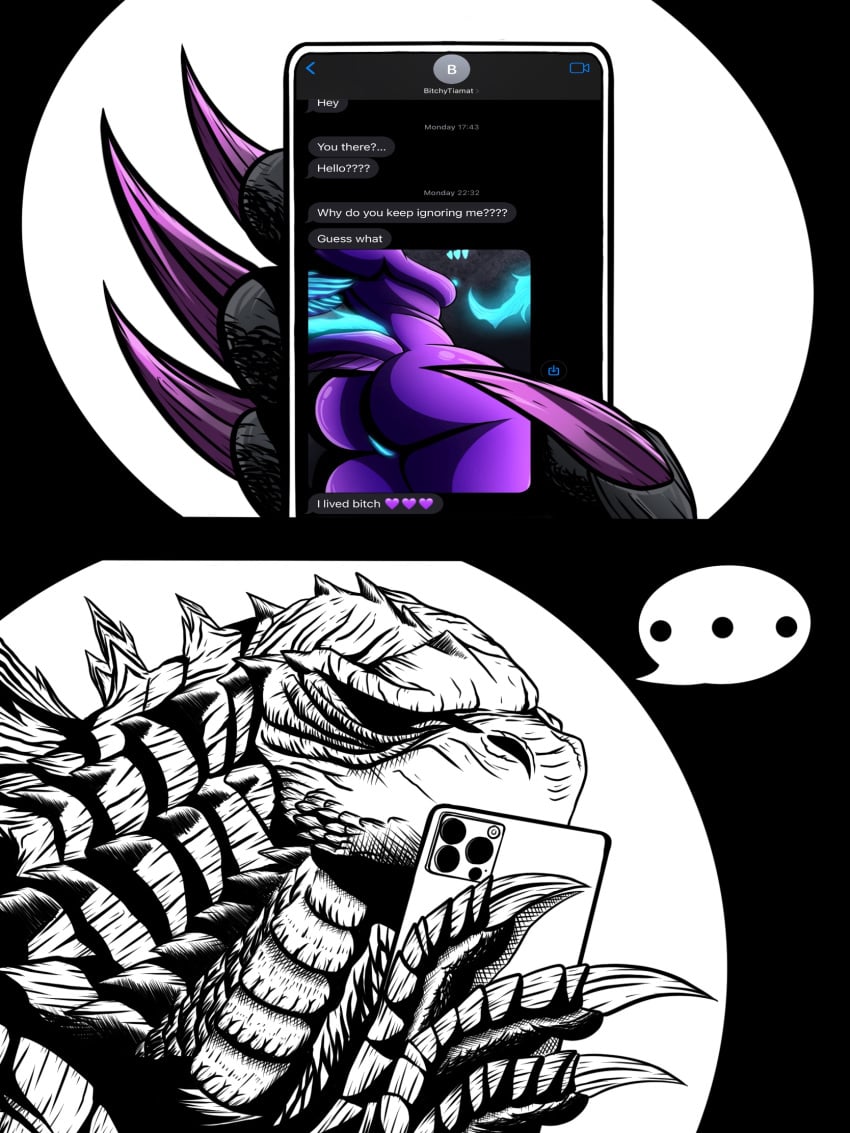 anthro areola ass big_butt blue_areola blue_nipples duo electronics female feral godzilla godzilla_(series) hi_res kaiju line_art male monster monsterverse nipples nude nude_female phone phone_screen scales scalie sending_nudes simple_background thick_thighs tiamat_(godzilla) tiamat_(kaiju) tiamat_(monsterverse) toho znackyartz