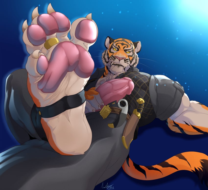 anthro barefoot epic_games fangs feet felid foot_fetish foot_focus fortnite genitals hi_res male mammal masturbation oscar_(fortnite) pantherine pawpads penis solo stripes tail teeth tiger vein veiny_penis weskers