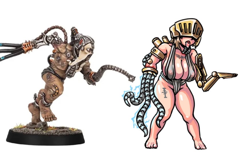 1girls adeptus_mechanicus big_breasts blonde_hair cable cables cybernetic_limb cybernetic_limbs cybernetics electric_whip electrified eyes_covered eyes_hidden female games_workshop imperium_of_man melee_weapon miniature nipples_visible_through_clothing revealing revealing_clothes servitor short_hair skimpy skimpy_clothes slave slavegirl tattoo thick_thighs tongue_out tube tubes warhammer_(franchise) warhammer_40k weapon whip wide_hips wire wires