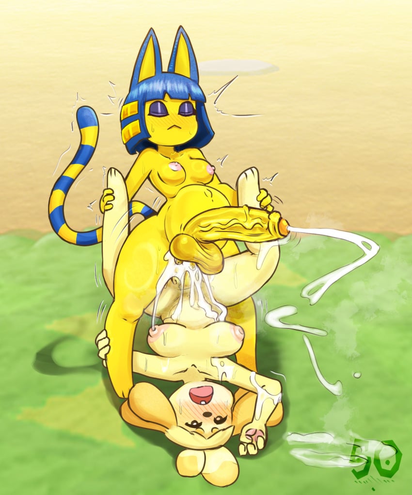 anal anal_penetration anal_sex animal_crossing ankha ankha_(animal_crossing) anthro balls big_balls big_penis blush blush_lines blushing breasts cum cum_everywhere cum_in_ass cum_inside cum_on_body cum_while_penetrated ejaculation excessive_cum futa_on_futa futanari isabelle_(animal_crossing) medium_breasts naked naked_female nude on_top penetration penis souley69