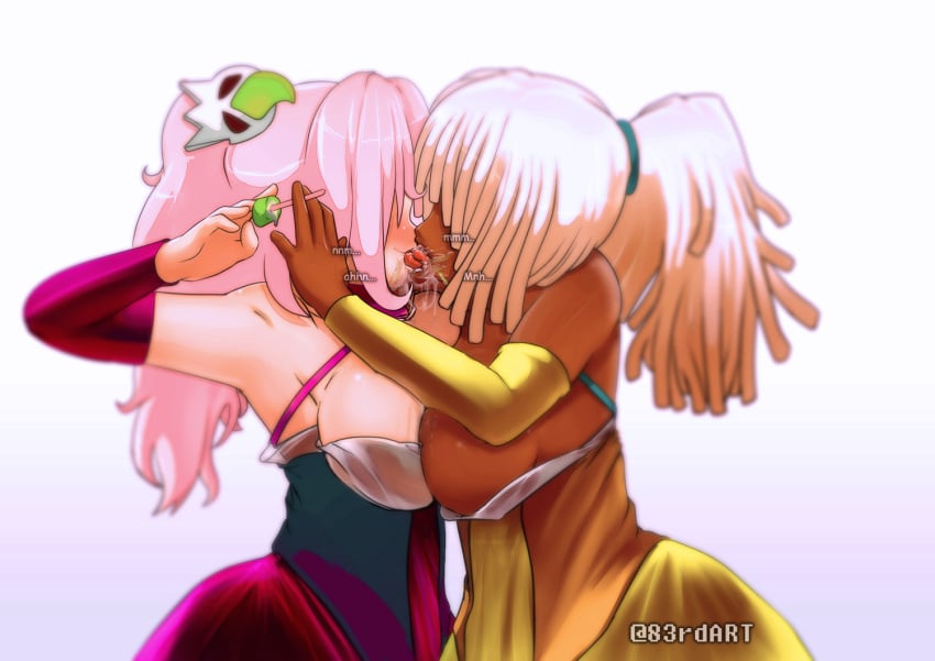 2girls 83rdart asymmetrical_docking blonde_hair breast_contest breast_press breasts catfight choker cleavage dark-skinned_female dark_skin dreadlocks kissing large_breasts multiple_girls pink_hair ponytail twintails wet wet_clothes yuri