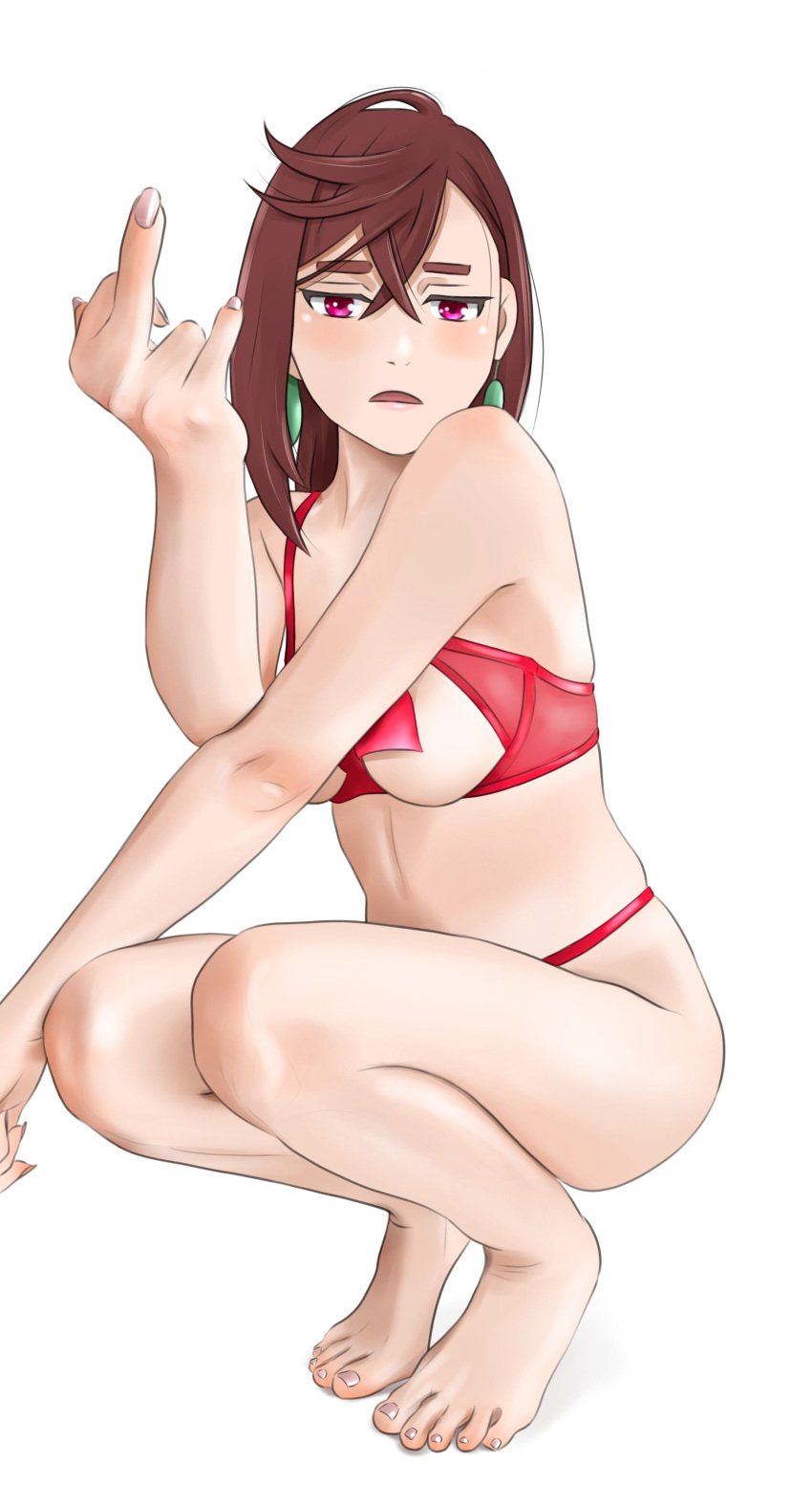 ..l., absurdres ayase_momo bare_legs barefoot brown_hair dandadan earrings feet female female_focus hair_between_eyes highres jewelry lingerie looking_at_viewer middle_finger open_mouth pink_eyes shirow_(mha03133) short_hair simple_background solo squatting thighs tiptoes toenails toes underwear white_background