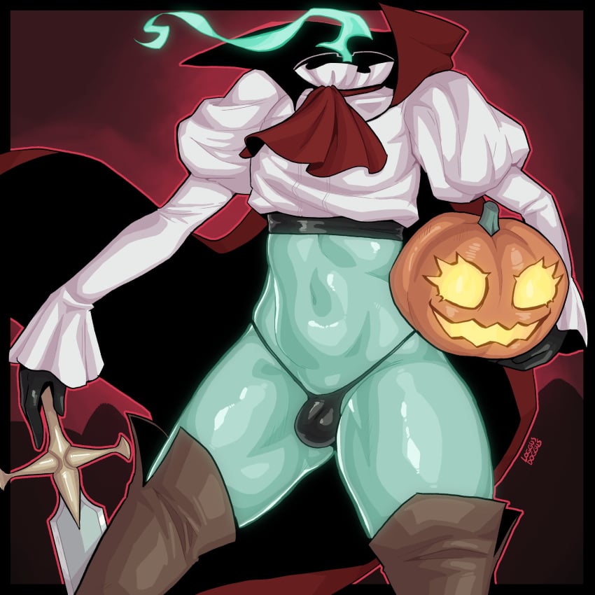 1boy american_mythology bulge clothing dullahan femboy green_skin halloween hi_res jack-o'-lantern literature loggus_doggus male male_only monster_femboy mythology no_humans non-human non-human_only north_american_mythology partially_clothed public_domain pumpkin solo sword thick_thighs thong