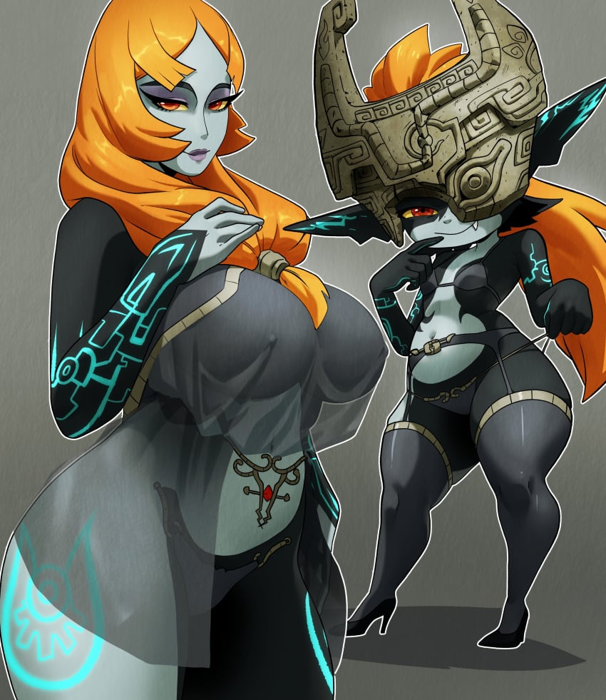 1girls coolerinker full_body goblin_female huge_breasts imp inker_comics inkershike looking_at_viewer mask midget midna navel orange_hair smug the_legend_of_zelda twilight_princess yellow_sclera