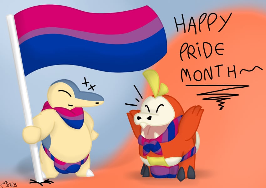 belly big_bulge bilon bimbo_(henrique_rick) bisexual bisexual_pride_colors bulge closed_eyes cyndaquil detailed_bulge duo fan_character female flag flag_(object) fuecoco generation_2_pokemon generation_9_pokemon happy henrique_rick humanoid kerchief lgbt_pride lgbt_pride_month male nintendo pokemon pokemon_(species) pride_colors proud simple_background slightly_chubby slightly_chubby_male