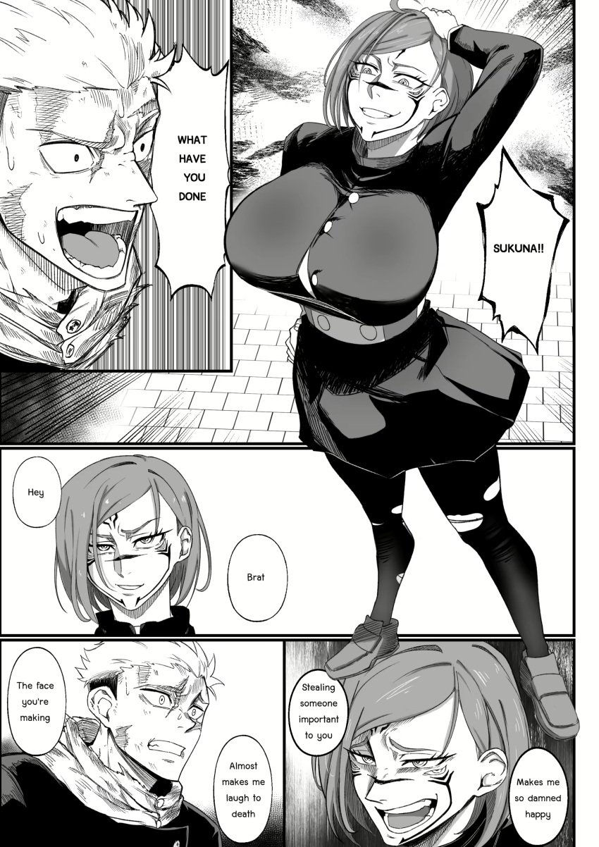 1ambiguous 1boy 4_eyes big_breasts doujinshi face_tattoo genderswap_(mtf) itadori_yuuji jujutsu_kaisen kugisaki_nobara large_breasts monochrome nesz possession ryoumen_sukuna_(jujutsu_kaisen) tagme