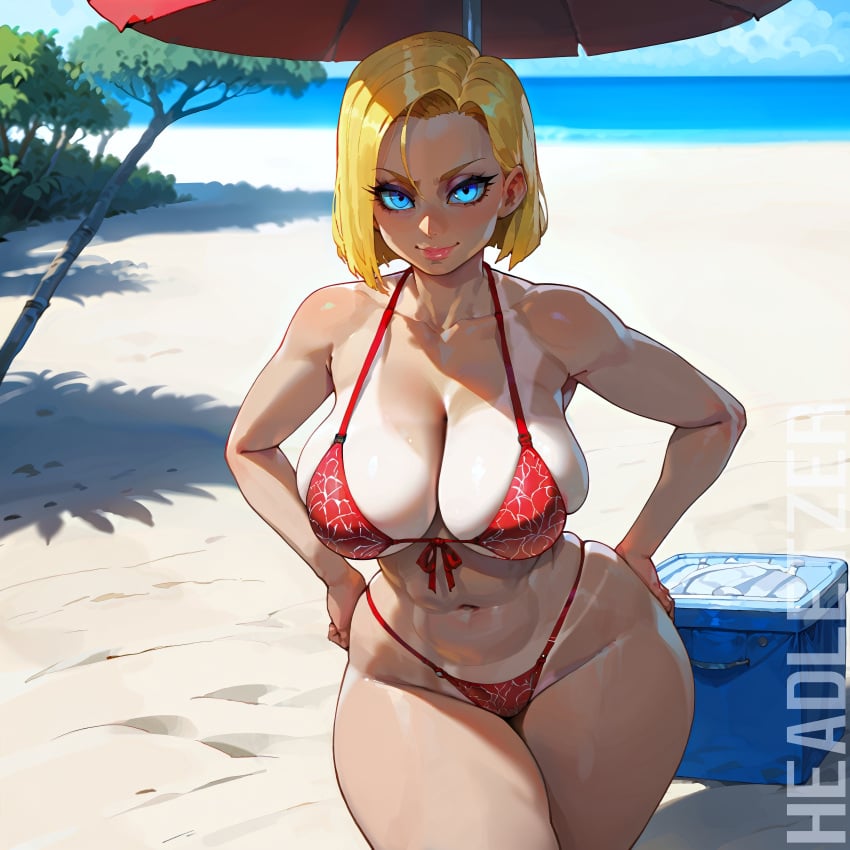 ai_generated android_18 beach bikini dragon_ball dragon_ball_super dragon_ball_z headletzer tagme