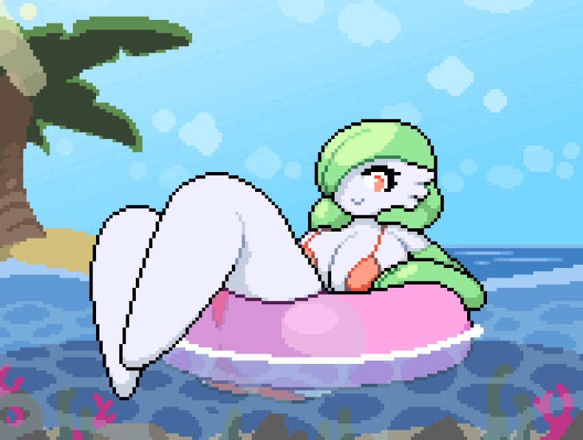 animated beach big_ass big_breasts big_thighs gardevoir lifesaver no_sound ocean okami_tomato pixel_animation pixel_art pokemon pokemon_(species) red_bikini transparent water waves