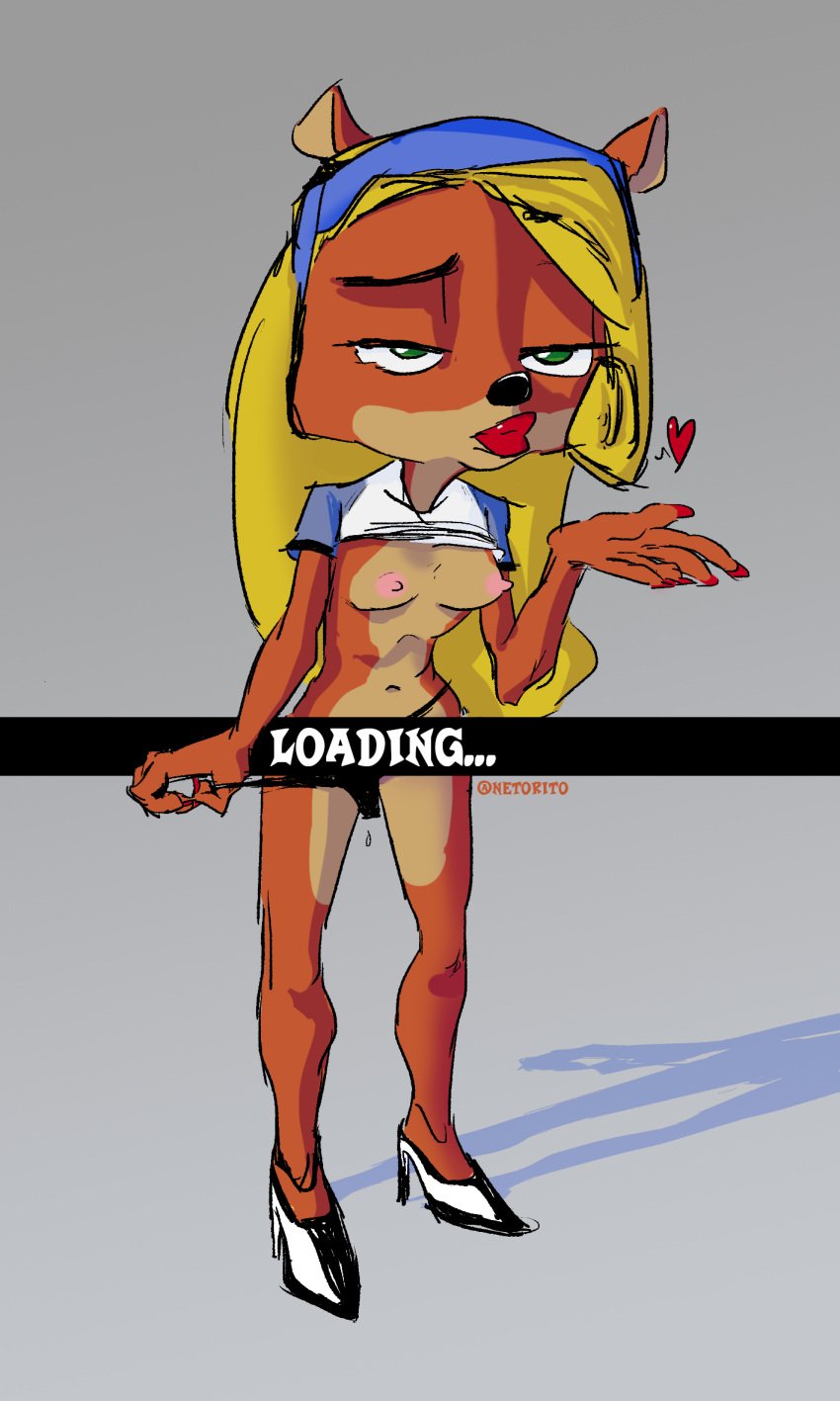 activision bandicoot blonde_hair clothing_lift coco_bandicoot crash_(series) female netorito seductive_look shirt_lift solo