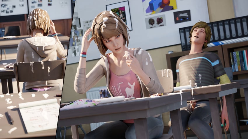 1boy 1girls 3d 3d_(artwork) ass brown_hair classroom clothed_female cum cum_in_hair female koomer life_is_strange male masturbating masturbation max_caulfield panties public school small_penis teen teenager unexpected_cumshot unwanted_cumshot voyeur voyeurism warren_graham watching