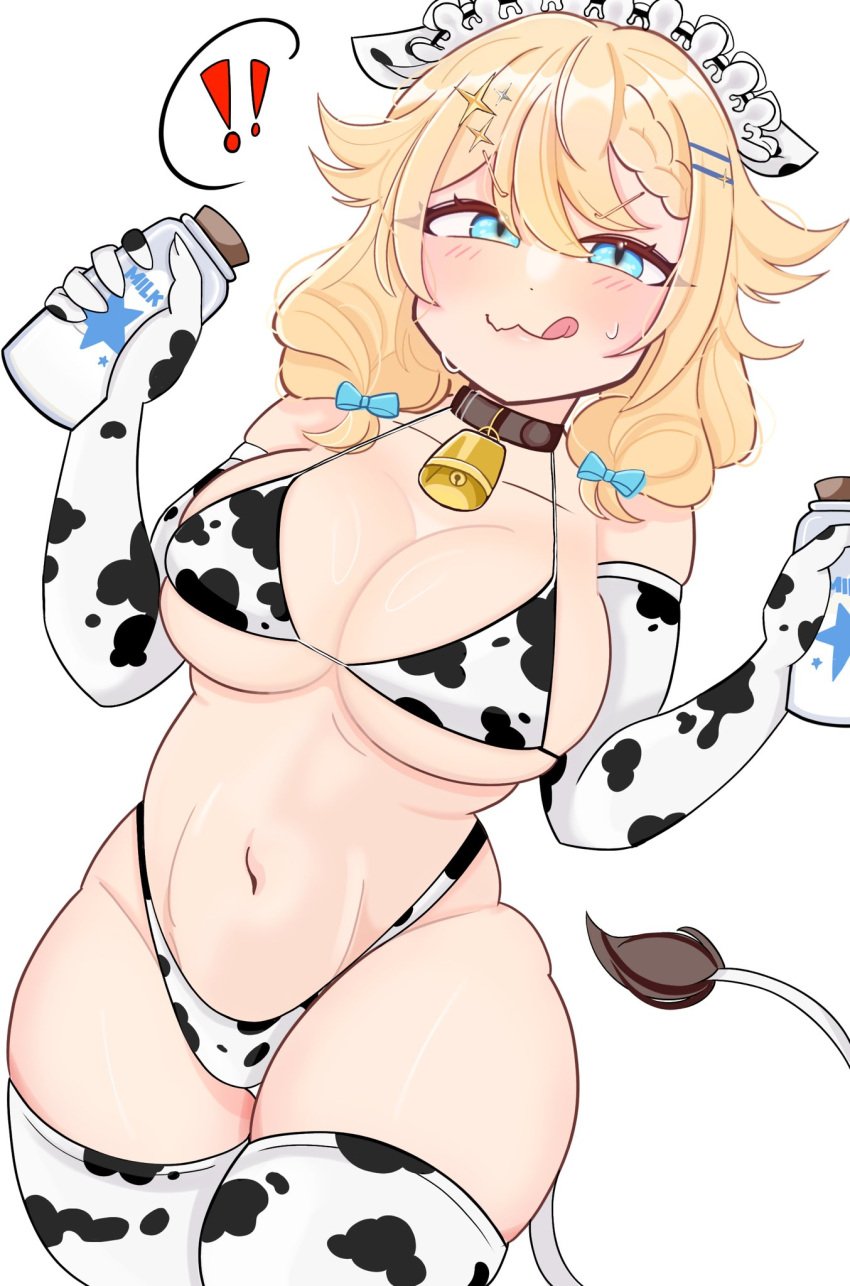 artist_request big_breasts blonde_hair blue_eyes blush cowbell cowkini exposed_torso gloves hair_ornament kaneko_lumi looking_at_viewer milk_bottle phase_connect phasealias plump thick_thighs thighhighs tongue_out virtual_youtuber vtuber