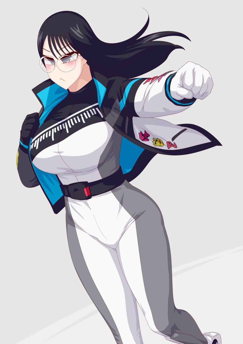 bakuage_sentai_boonboomger belt black_hair bodysuit boots champion_boonboomger female glasses gloves jacket otokam1117 saibu_shirabe solo super_sentai