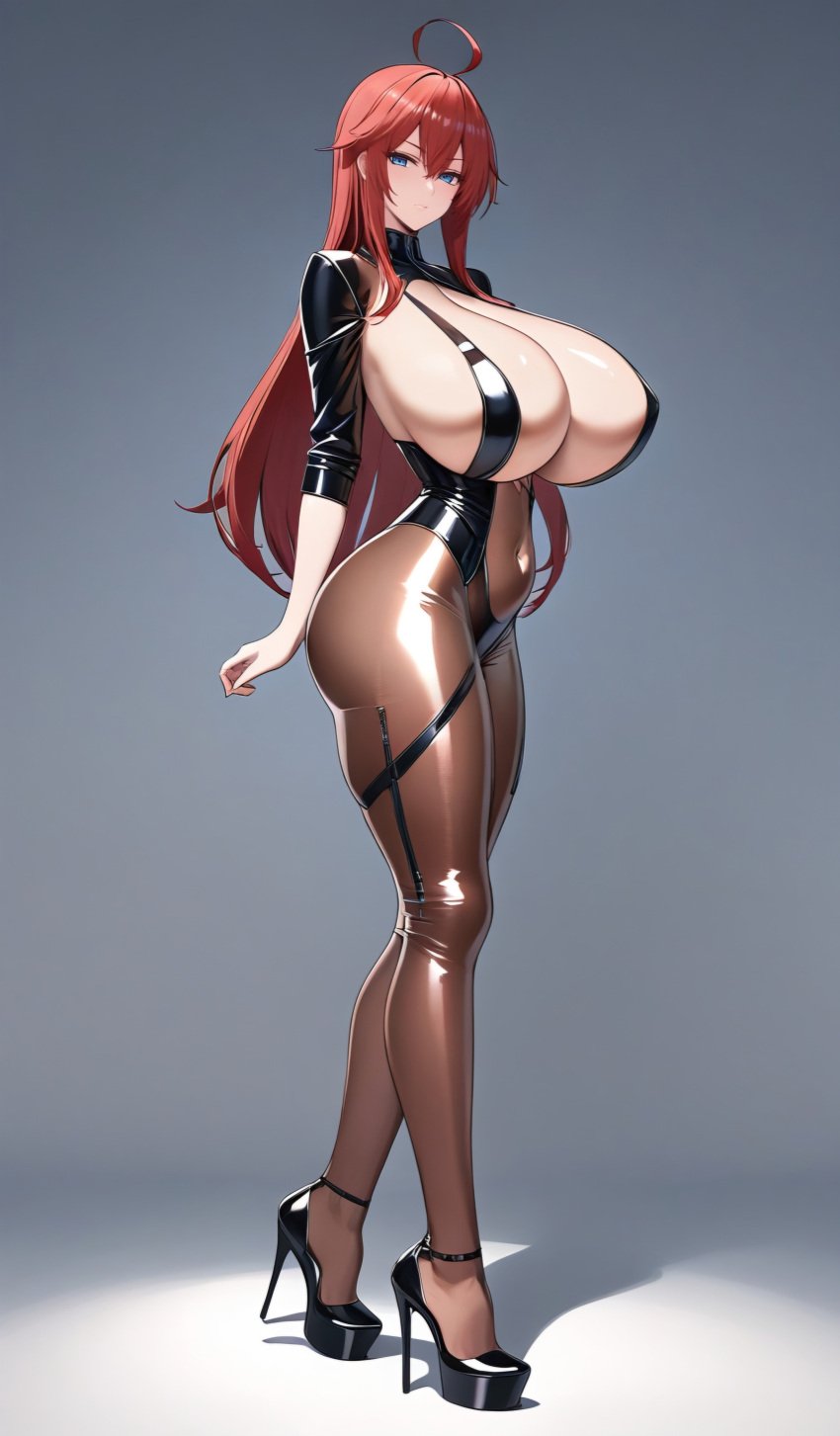 ai_generated ass blue_eyes breasts gigantic_breasts high_heels latex latex_clothing latex_suit looking_at_viewer outcyli731 perfect_body red_hair rias_gremory stable_diffusion standing thick_thighs