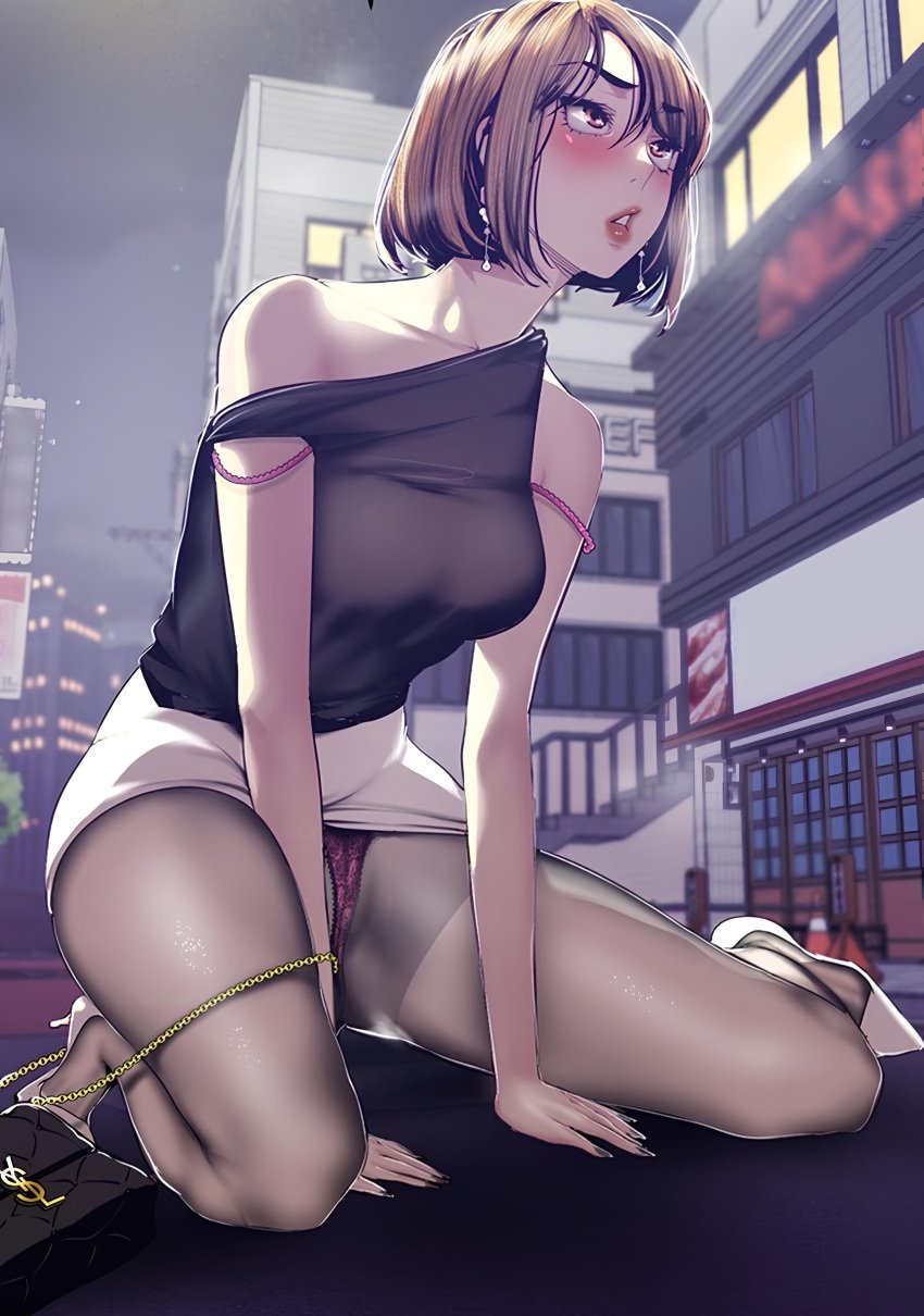 arm_support ass_visible_through_thighs bare_arms bare_shoulders black_nails blush brave_new_world breasts brown_hair collarbone earrings feet high_heels lipstick manhwa medium_breasts na_so-ri nail_polish night on_knees outdoors panties pantyhose parted_lips pink_panties pornhwa short_hair skirt sleeveless_dress strap_slip thighs webtoon yoongonji