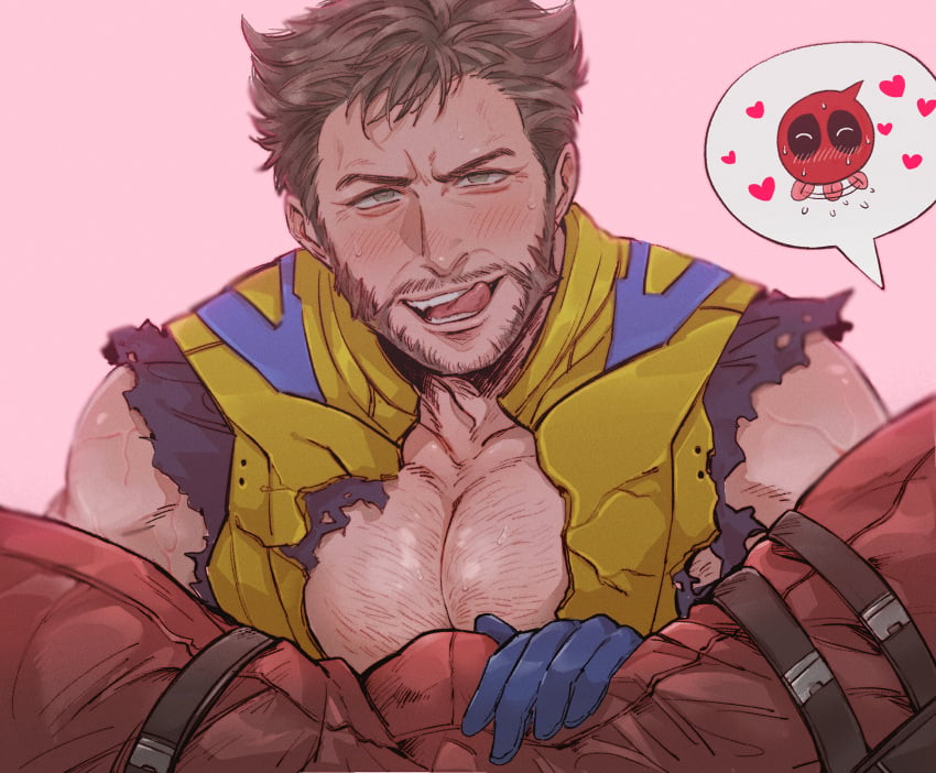 2boys :q aroused bara bara_tiddies beard blush body_blush bodysuit brown_hair bulge bulge_press chest_hair chibi chibi_inset couple crotch_grab deadpool deadpool_&_wolverine_(2024) facial_hair full-face_blush gay giver_pov gloves green_eyes heart imminent_fellatio imminent_oral large_pectorals licking_lips looking_at_viewer male male/male male_focus marvel marvel_cinematic_universe marvel_comics masososo mature_male multiple_boys muscular muscular_male out_of_frame pecjob_under_clothes pectoral_press pectorals pink_background pov pov_crotch red_bodysuit red_mask short_hair sleeveless solo_focus spread_legs superhero_costume sweat sweatdrop teeth tongue tongue_out torn_bodysuit torn_clothes veins veiny_arms wolverine_(x-men) x-men yaoi