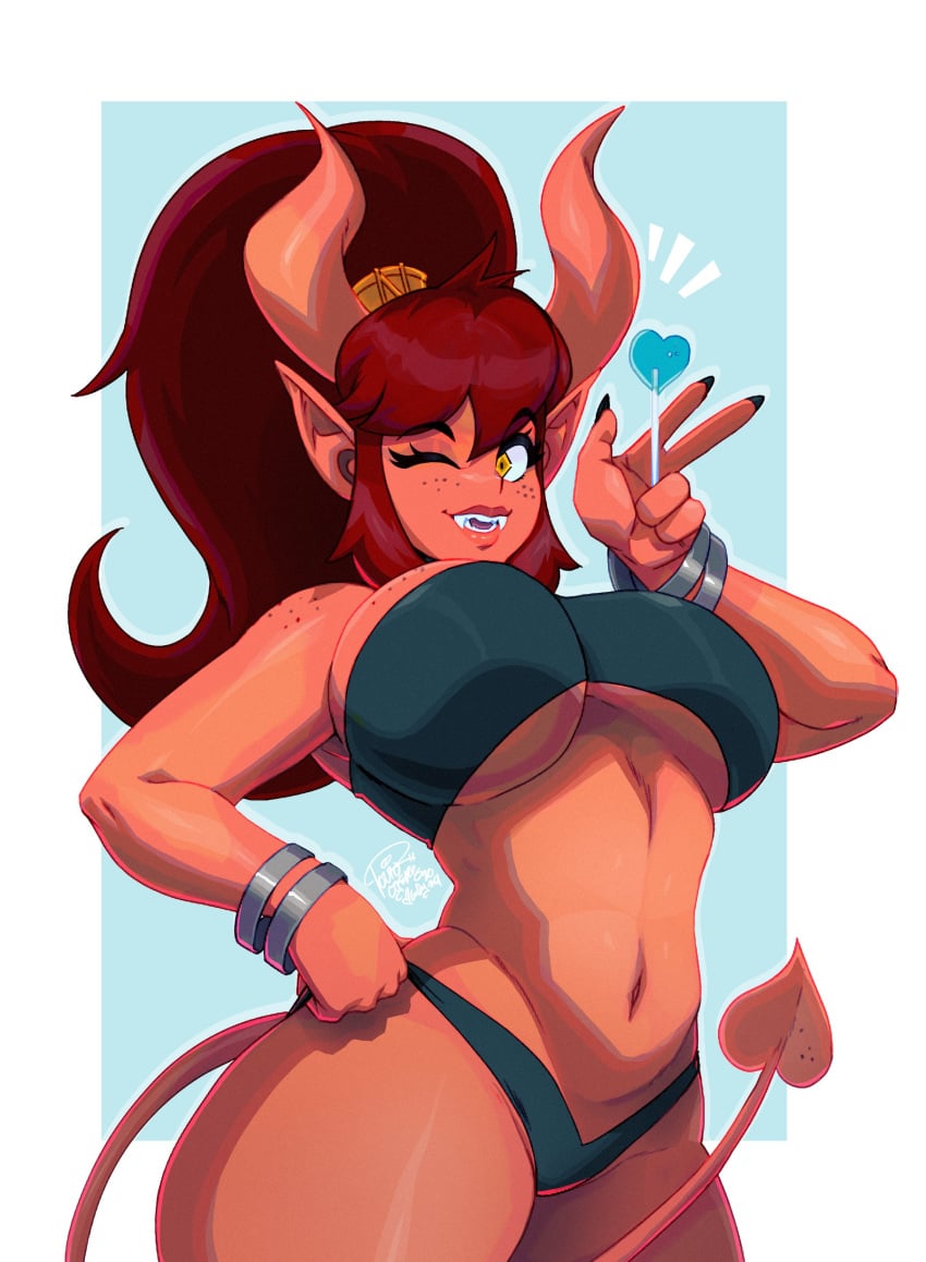 1girls 2024 big_breasts commission demon demon_girl demon_horns demon_tail fangs female female_only freckles hand_on_hip hi_res high_ponytail horns long_hair looking_at_viewer panties pointy_ears red_hair red_skin smiling smiling_at_viewer solo tail thick_thighs topwear tovio_rogers v_sign wink winking_at_viewer yellow_eyes