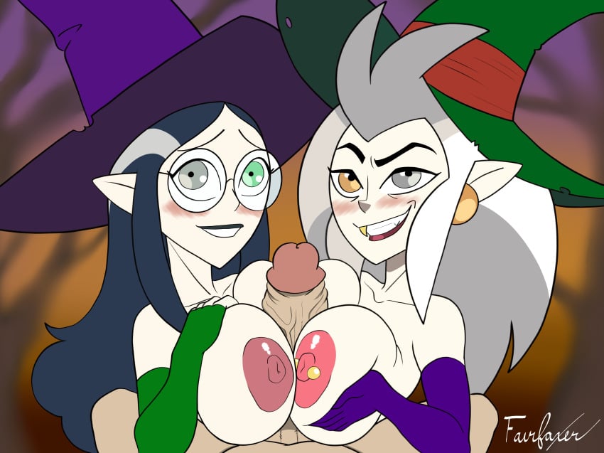 1boy 2024 2d 2girls alternate_version_available big_breasts blush breasts eda_clawthorne elf_ears fairfaxer glasses green_eyes grey_eyes grey_hair halloween lilith_clawthorne long_hair looking_at_viewer nipple_piercing nipples no_bra the_owl_house watermark witch_hat