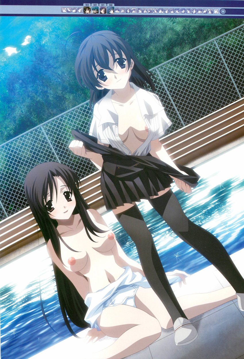 2girls black_hair breasts dutch_angle highres katsura_kotonoha kotonoha_katsura large_breasts long_hair looking_at_viewer multiple_girls nipples partially_clothed pool saionji_sekai school_days sekai_saionji shoes short_hair thighhighs undressing