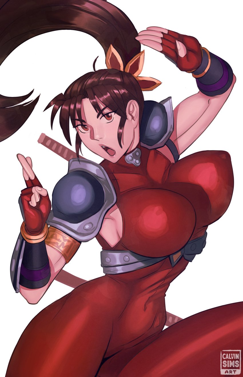 1girls 2024 big_breasts brown_hair calvinsimsart female female_only fingerless_gloves hi_res long_hair looking_at_viewer ninja nipple_bulge open_mouth red_eyes shoulder_armor skinsuit solo soul_calibur soul_calibur_ii taki tied_hair white_background