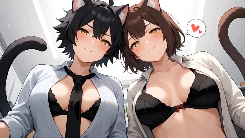 2girls ai_generated bankonit between_breasts black_hair blush bra breasts brown_hair cat_ears catgirl collared_shirt freckles freckles_on_breasts freckles_on_face from_below low-angle_view messy_hair midriff midriff_peek office office_lady open_clothes open_shirt parted_lips short_hair smile smirk spoken_heart stable_diffusion tail tie tie_between_breasts view_from_below yellow_eyes