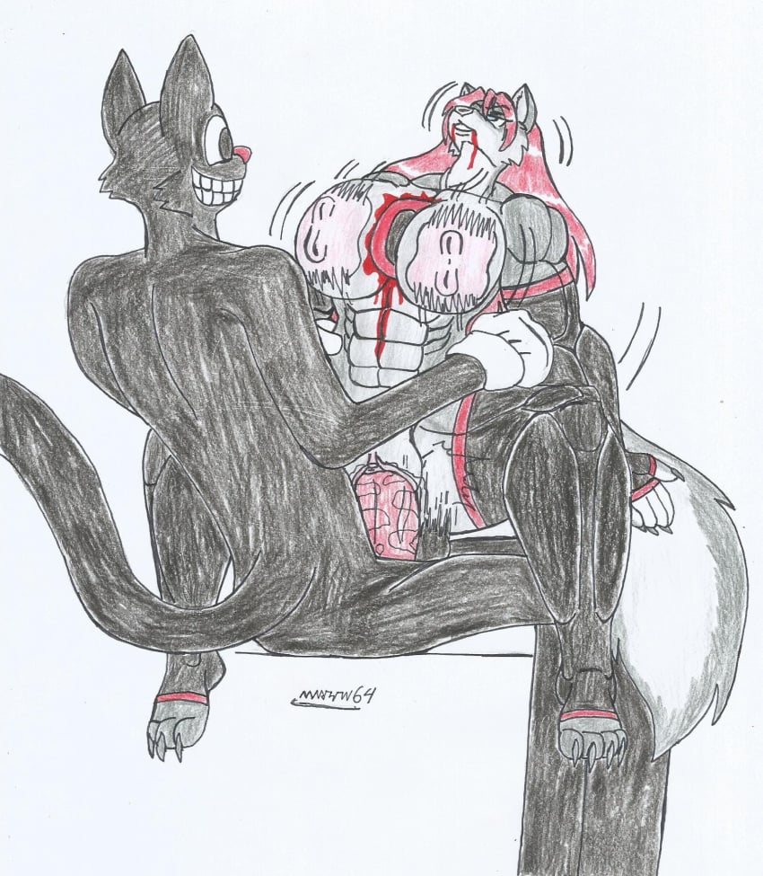 anthro big_breasts big_hips big_penis black_body black_eyes blood blood_in_mouth blue_eyes bouncing_breasts cartoon_cat corpse corpse_fuck cowgirl_position death demon_cat empty_eyes female_death furry gray_body gray_fur guro hole_on_body luka_cross male/female marlon64 muscular_anthro muscular_female naked_female naked_gloves naked_stockings necrophilia pussy_juice red_hair red_penis rolling_eyes snuff traditional_drawing_(artwork) vaginal_penetration vaginal_sex white_background wolf_girl