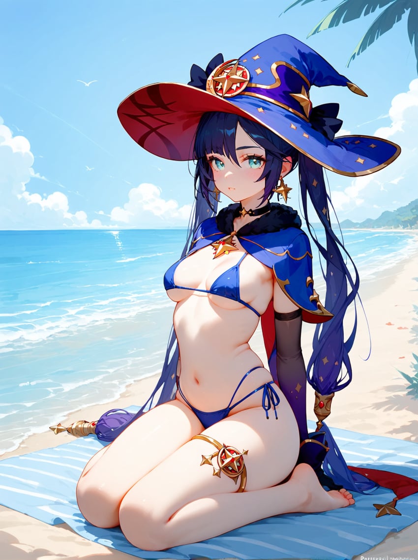 absurd_res ai_generated beach bikini bikini_bottom bikini_top genshin_impact mini_bikini ministro mona_(genshin_impact) navel