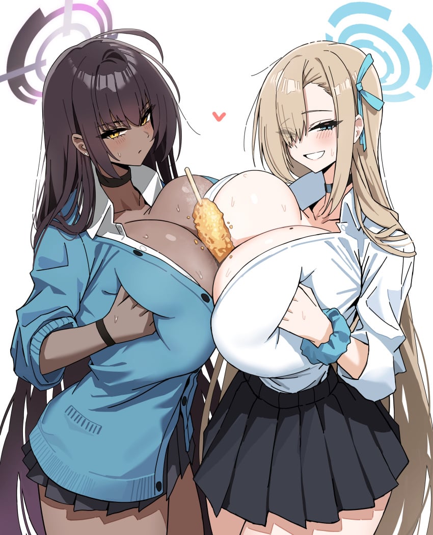 2girls absurdres asuna_(blue_archive) asuna_(school_uniform)_(blue_archive) between_breasts big_breasts black_choker black_skirt blue_archive blue_cardigan blue_eyes blue_halo blue_ribbon blue_scrunchie blush blush blushing_at_viewer breast_press breasts_pressed_against_another breasts_pressed_against_partner breasts_pressed_together breasts_squeezed_together breasts_to_breasts brown_hair cardigan choker cleaning_&_clearing_(blue_archive) cleavage collarbone collared_shirt corn_dog dark-skinned_female dark_skin deep_skin dotthebot eyebrows_visible_through_hair food food_on_body food_on_breasts gradient_hair grin grinning grinning_at_viewer hair_between_eyes hair_over_one_eye hair_ribbon halo heart highres huge_breasts karin_(blue_archive) karin_(school_uniform)_(blue_archive) large_breasts light-skinned_female light_skin long_hair long_sleeves looking_at_viewer millennium_science_school_student mole mole_on_breast multicolored_hair multiple_girls one_eye_covered partially_unbuttoned pleated_skirt purple_hair purple_halo ribbon school_uniform scrunchie shirt simple_background skirt sleeves_rolled_up smile smiling smiling_at_viewer sweat symmetrical_docking thighs unbuttoned unbuttoned_shirt very_long_hair white_background white_shirt wrist_scrunchie yellow_eyes