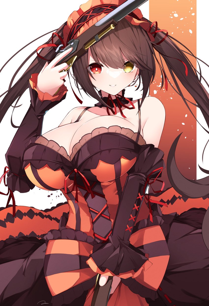 2d 2d_(artwork) big_breasts black_hair breasts cleavage clothed date_a_live dress gun heterochromia jam(pixiv) light-skinned_female long_hair looking_at_viewer red_eyes solo solo_female tokisaki_kurumi twintails