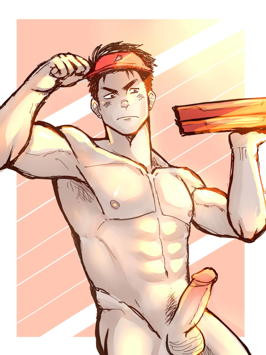 1boy abs bara erection flexing food hat male_focus muscle nude penis pizza_box pizza_boy solo white_rabbit_(artist)