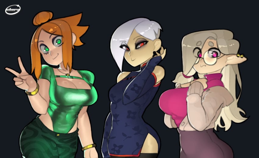 3girls asian asian_female ass big_breasts black_background bracelet bracelets breasts chubby chubby_female cleavage curvy curvy_female curvy_figure dress earring earrings friends ginger ginger_hair glasses green_eyes hair_over_one_eye hourglass_figure mikaela_(rayschera) oc office_lady orange_hair original original_character original_characters pattern_clothing pink_eyes pointy_ears rayschera reflective_clothing rosalia_(rayschera) shen_(rayschera) tagme thick_ass thighs traditional_clothes trio turtleneck voluptuous voluptuous_female white_hair