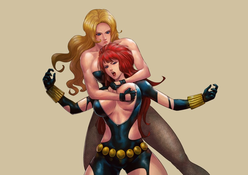 2girls absurdres avengers black_canary black_widow blonde_hair breasts catfight cirenk dc dc_comics dinah_lance grabbing_another's_breast groping highres justice_league large_breasts marvel marvel_comics multiple_girls natasha_romanoff pantyhose red_hair