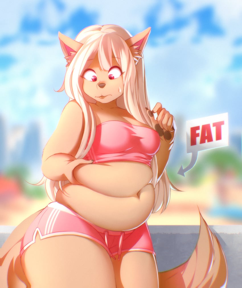 belly belly_button chubby chubby_female female fox_ears fox_girl gym_clothes jogging_outfit spellsx tummy tummy_grab waifu2x