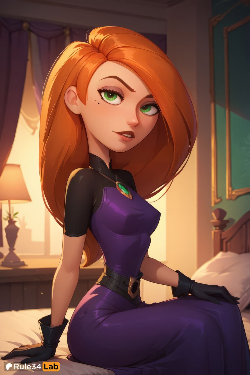 1girls ai_generated artist_name bed belt black_gloves breasts disney disney_channel dress gem gloves green_eyes green_hair hi_res indoors jewelry kim_possible kimberly_ann_possible long_hair looking_at_viewer mole mole_under_eye on_bed orange_hair parted_lips purple_dress red_hair rule34lab short_sleeves sitting smile solo teeth